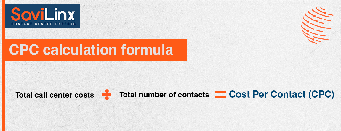 CPC calculation formula: Total call center costs / Total number of contacts = Cost Per Contact (CPC)