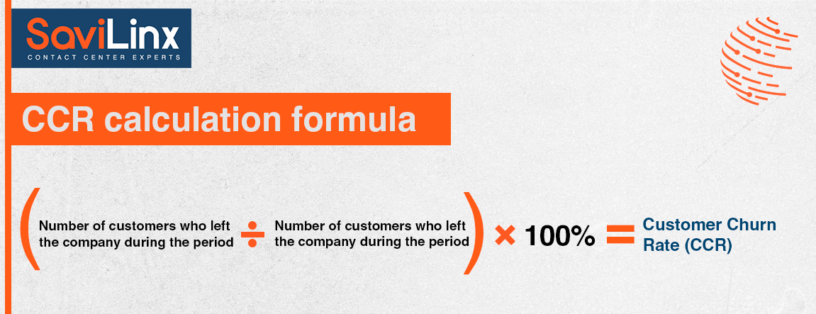 Formula for calculating CCR: (Number of customers who left the company during the period / Total number of customers at the beginning of the period) * 100% = Customer Churn Rate (CCR)